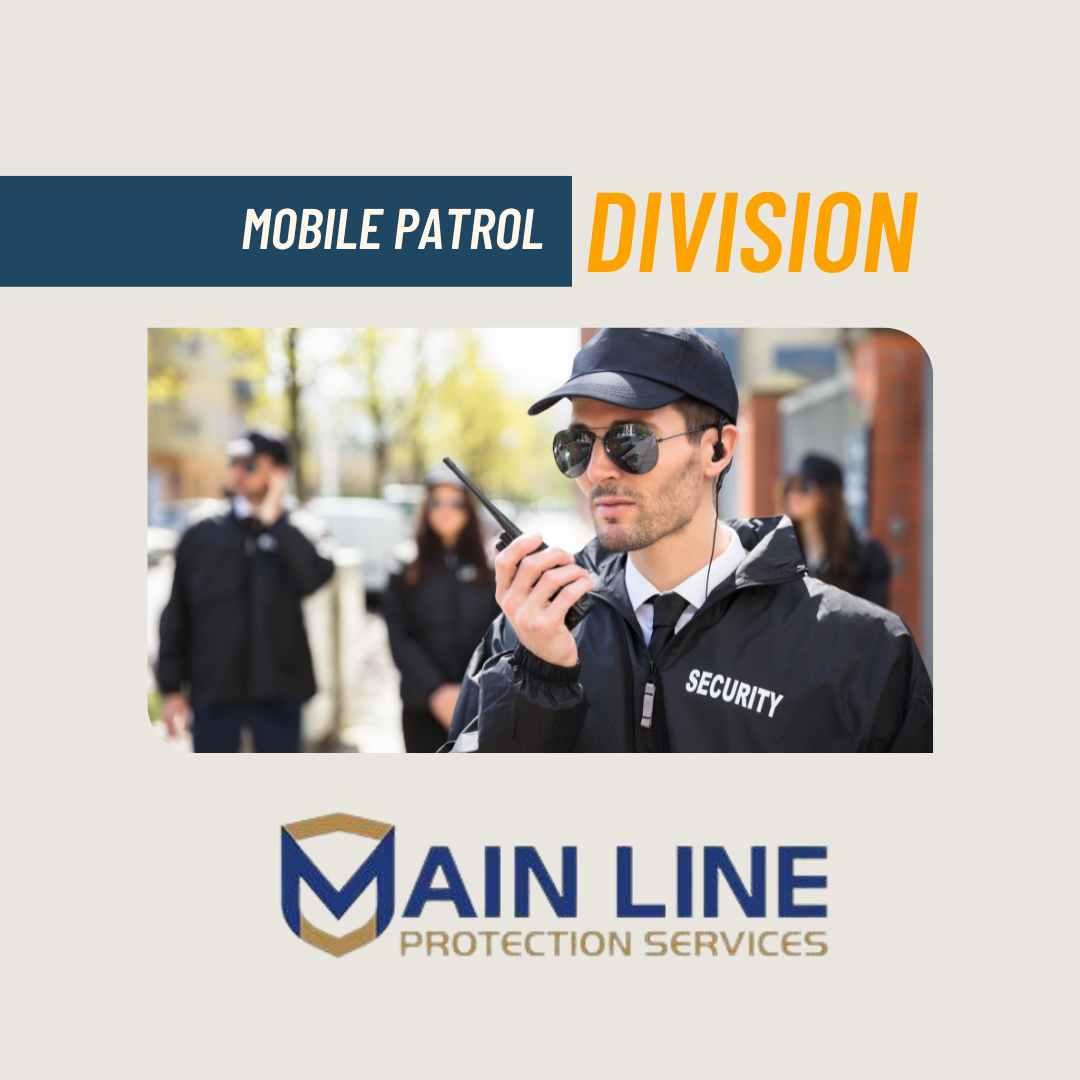 Illustration of security patrol vehicle with Main Line Protection Services logo, ensuring safety with Mobile Patrol Division.